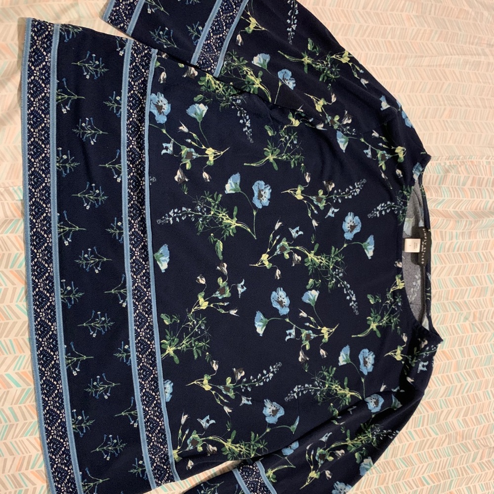 Dark blue flower pattern long sleeve blouse